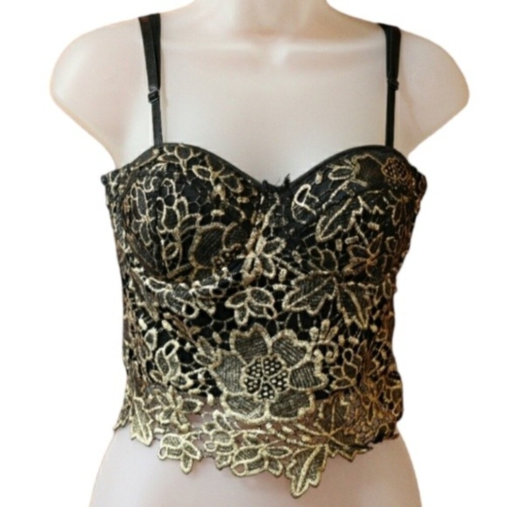 Rue 21 Black & Gold Lace Bustier Corset Top Medium